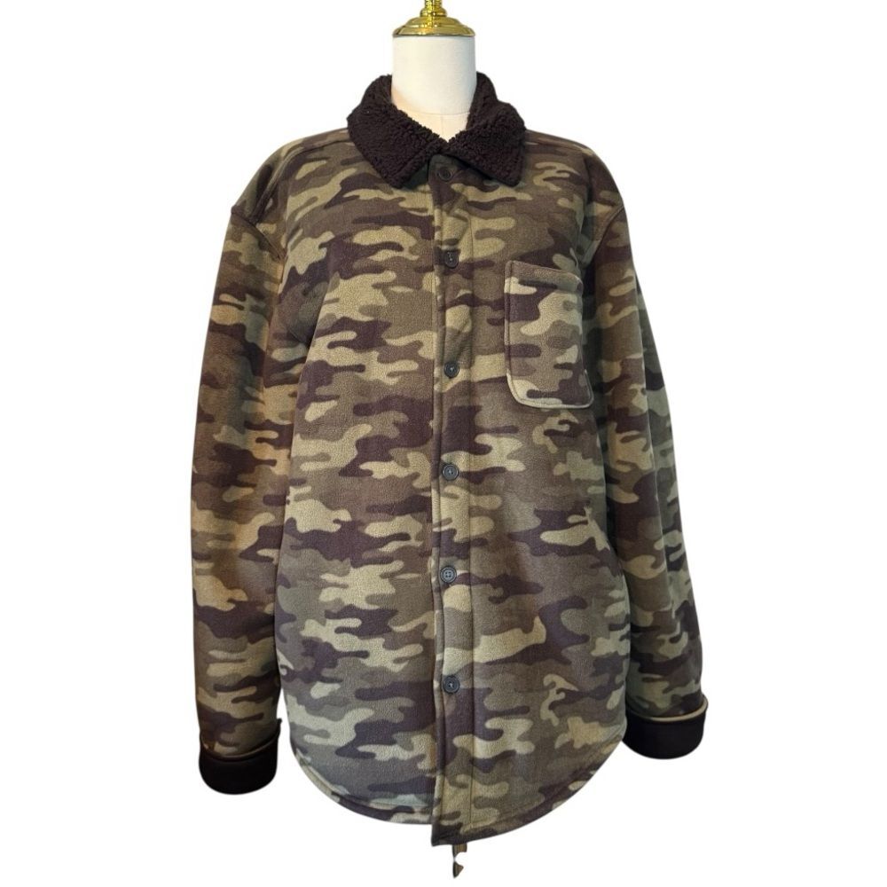 Cuddl Duds Men’s Khaki Green Camouflage Fleece Shirt Jacket Large L